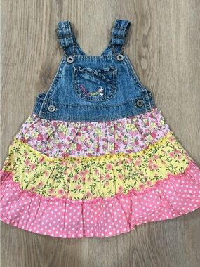 Oshkosh b’gosh Denim Floral Tiered Dress with Pink and Yellow 24 months
